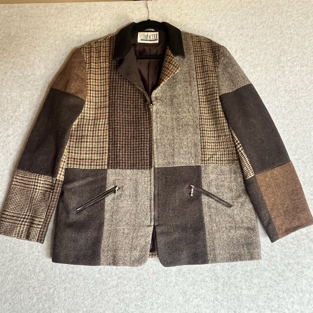 Character Suburbanwear Vintage Patchwork Wool Blazer Jacket Brown Plaid Sz 14 Lg